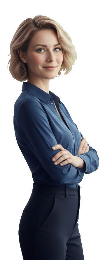 KI-generiertes Porträt einer sympathischen Business-Frau mit verschränkten Armen – stellvertretend für den persönlichen Erstkontakt mit dem KI-System Emma von actifire.